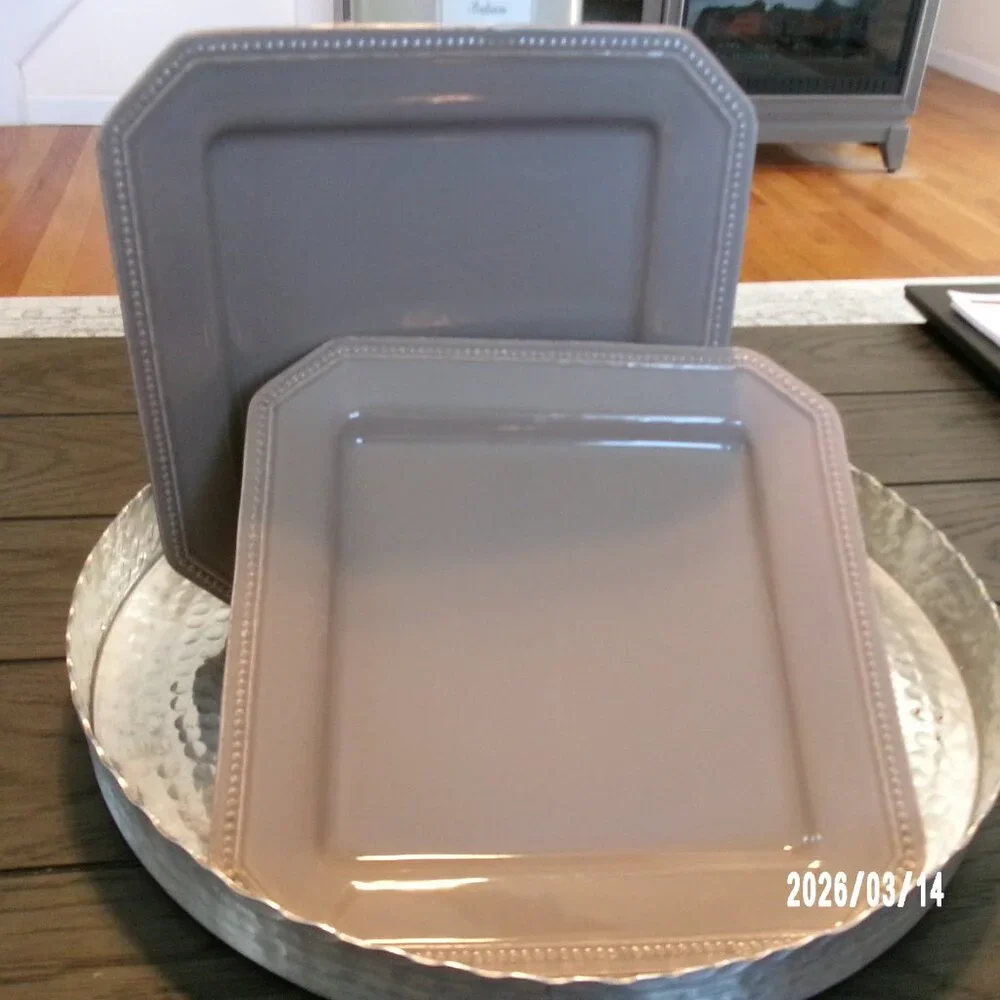 Set Of 2 Sur La Table TAN Pearl Beaded Rim Square Dinner Plates 10” Portugal
